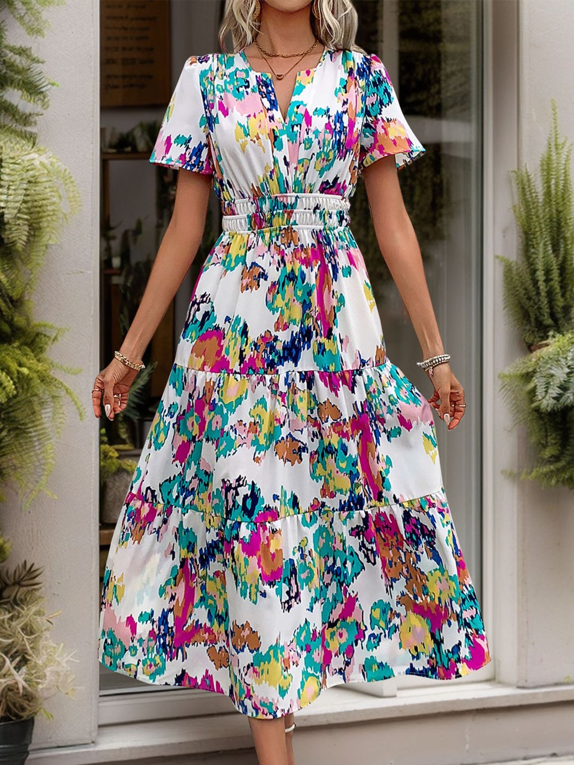 Printed Notched Short Sleeve Midi Dress | A-Line Dress W/ Floral Print & V-Neck