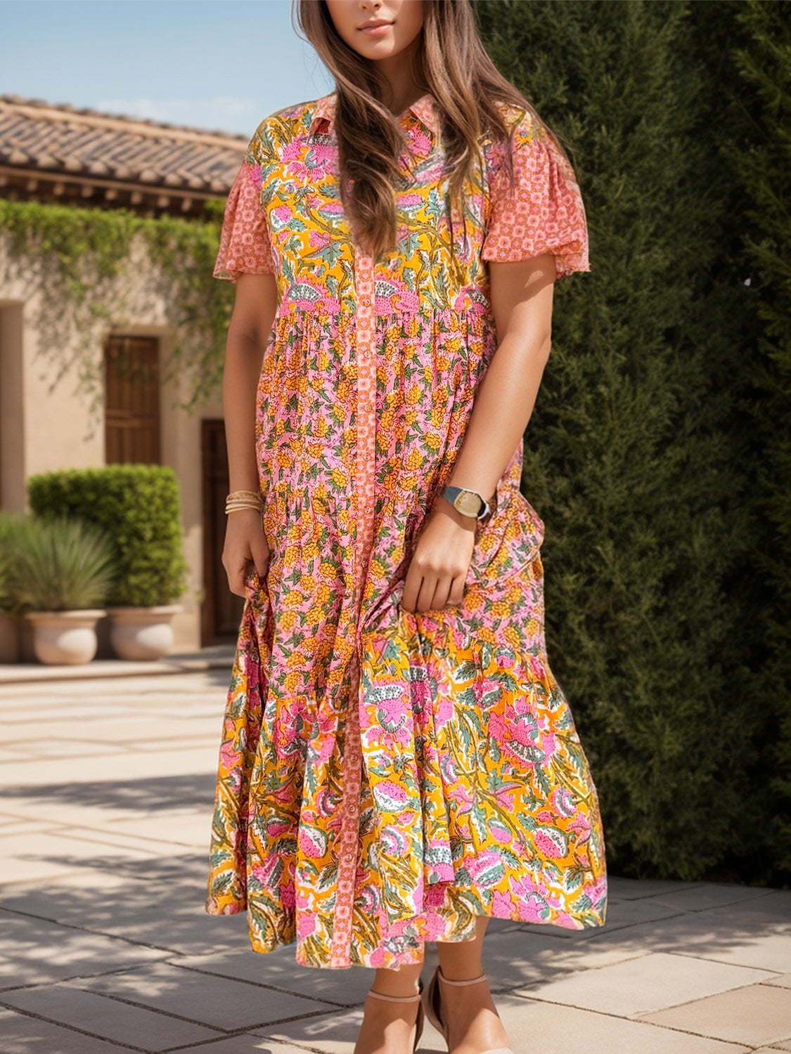 Printed Collared Neck Short Sleeve Midi Dress | Casual Polyester Floral Dress
