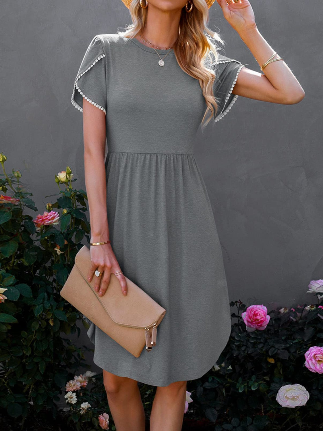 Round Neck Petal Sleeve Dress | Casual A-line Cotton Solid Dress W/ Round Hem