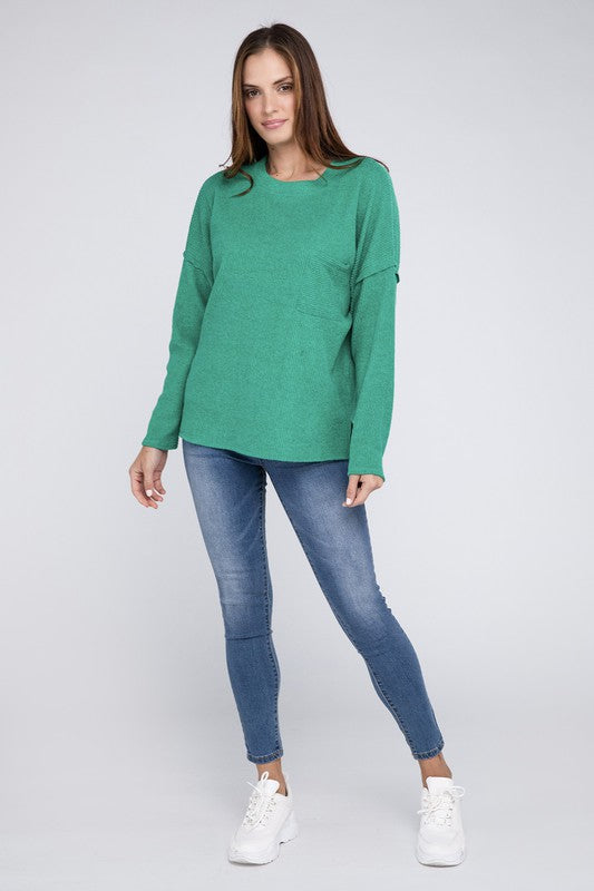 Ribbed Brushed Melange Hacci Sweater with a Pocket | Oversized Casual Sweater