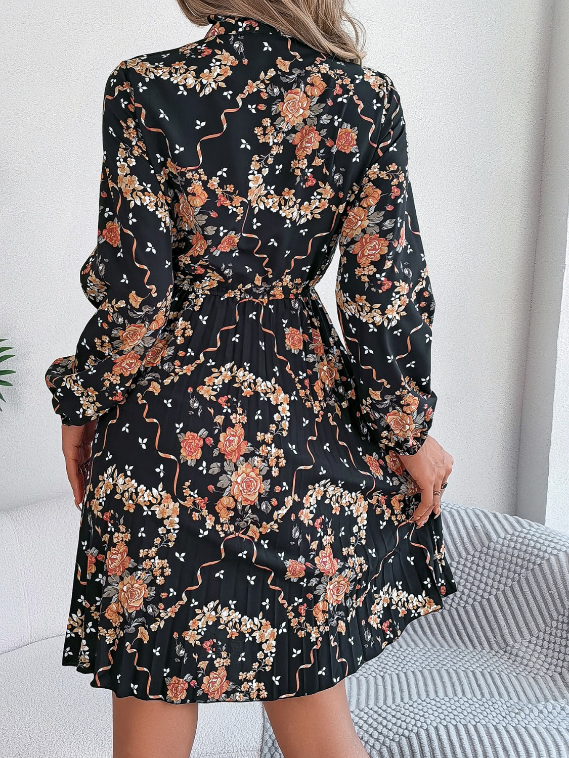 Pleated Printed Tie Neck Long Sleeve Dress | Casual Mini A-Line Floral Dress