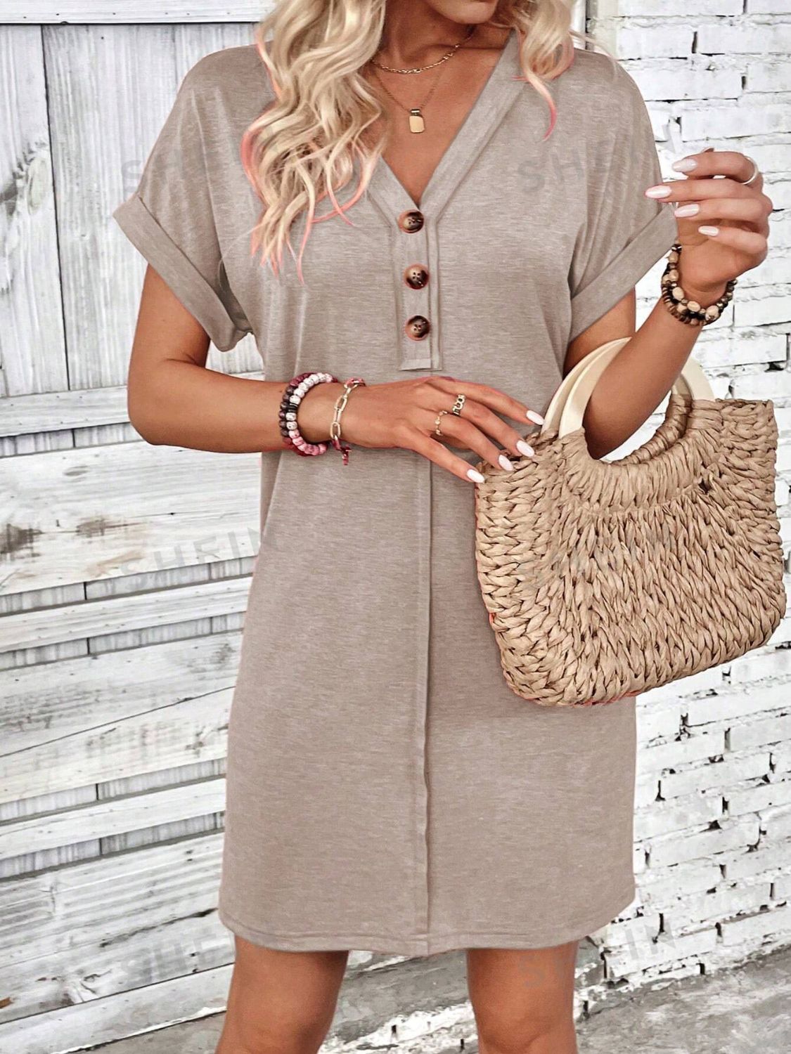 Quarter Button V-Neck Short Sleeve Dress | Casual Mini Solid Polyester Dress