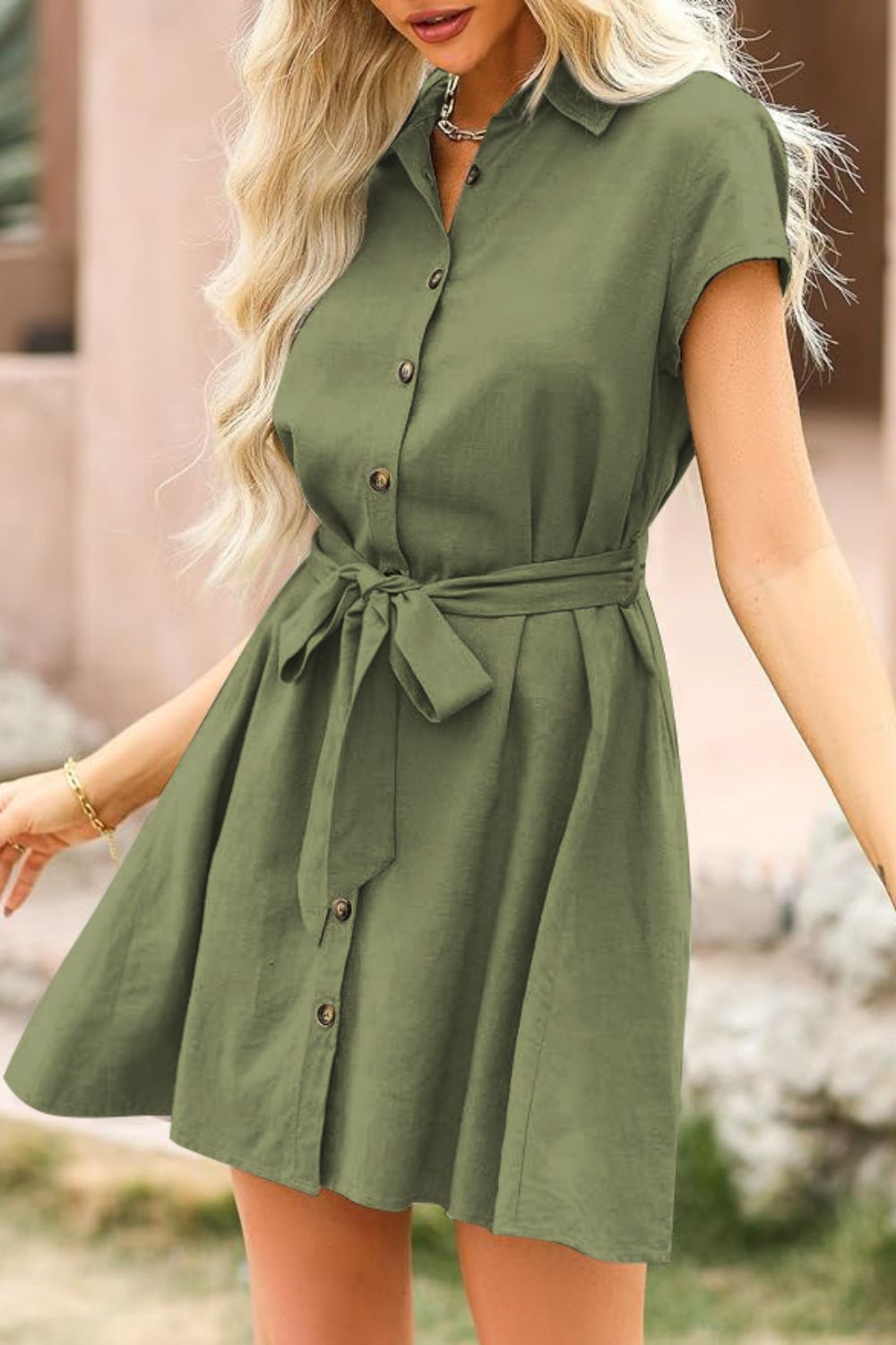 Tied Button Up Short Sleeve Dress | Mini A-Line Cotton Dress W/ Collar Neck