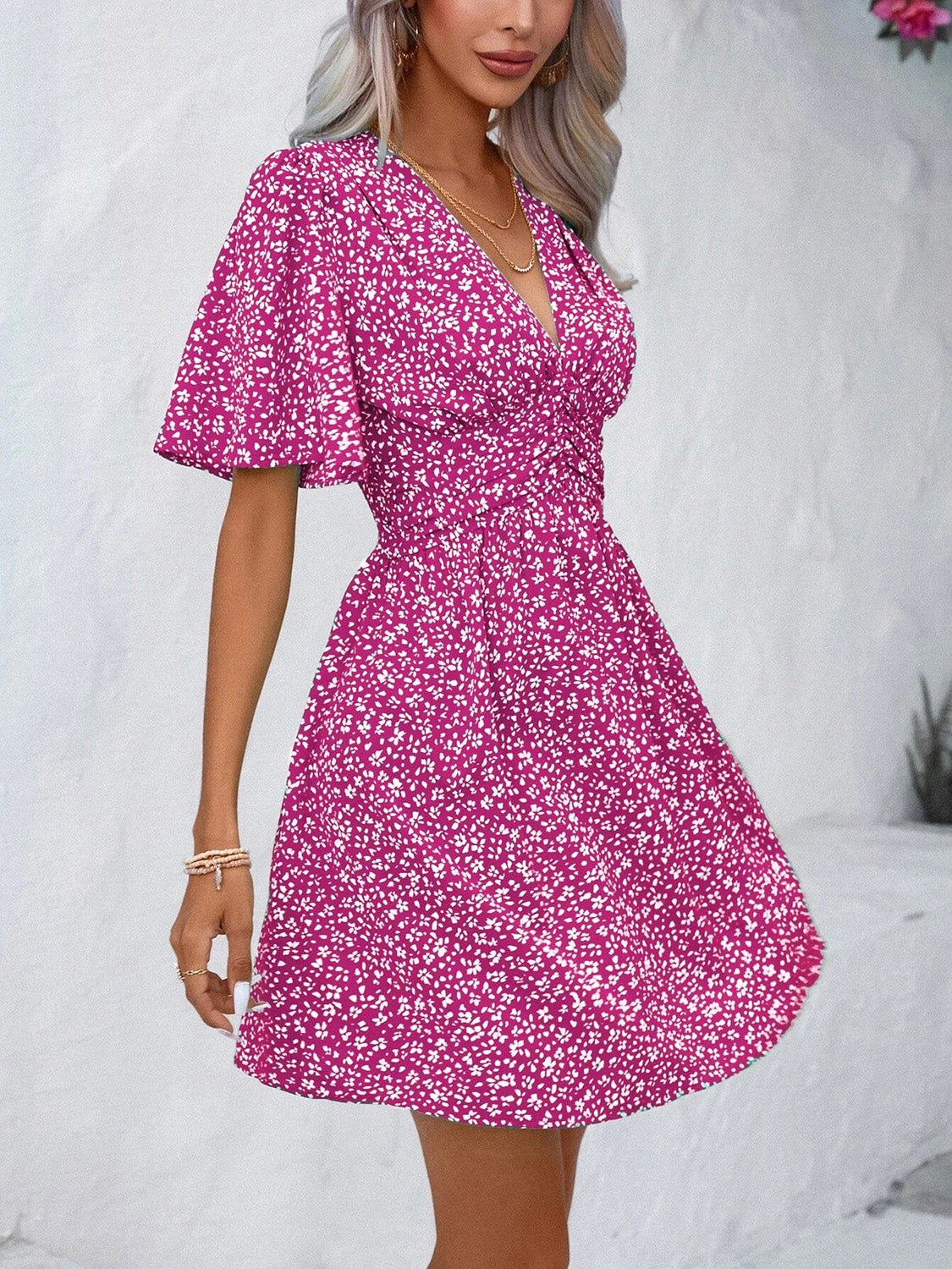 Printed V-Neck Half Sleeve Mini Dress | A-Line Floral Polyester Dress W/ V-Neck