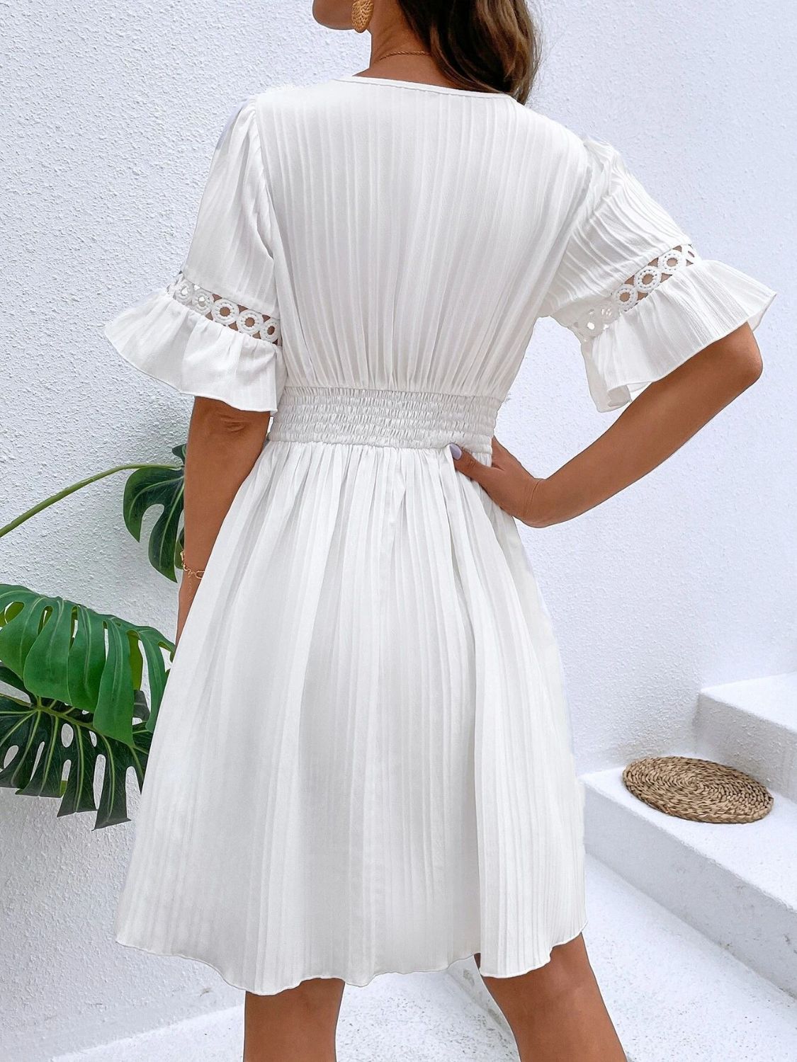 Cutout V-Neck Flounce Sleeve Mini Dress | Casual A-Line Ruffled Polyester Dress