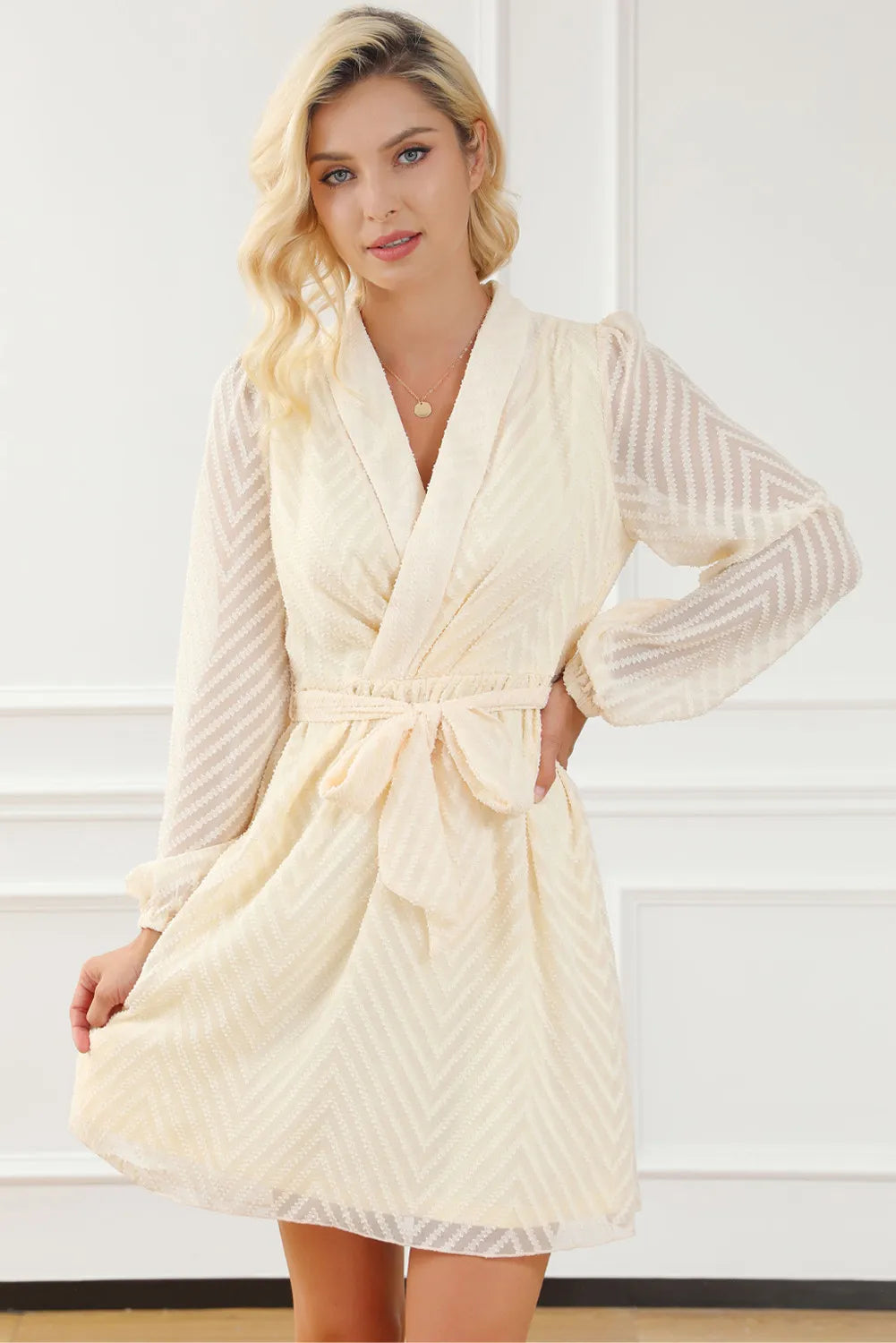 Surplice Long Sleeve Mini Dress | A-Line Tied Polyester Dress W/ Sheer Sleeves