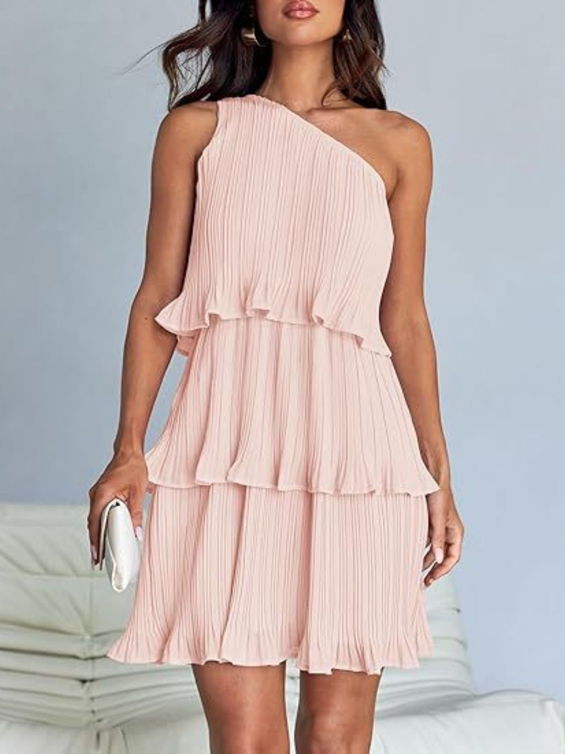 Layered Single Shoulder Mini Dress | Mini Sleeveless Dress W/ Asymmetrical neck