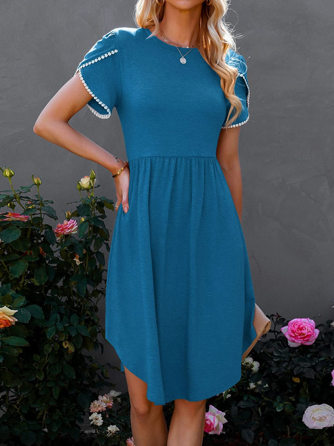 Round Neck Petal Sleeve Dress | Casual A-line Cotton Solid Dress W/ Round Hem