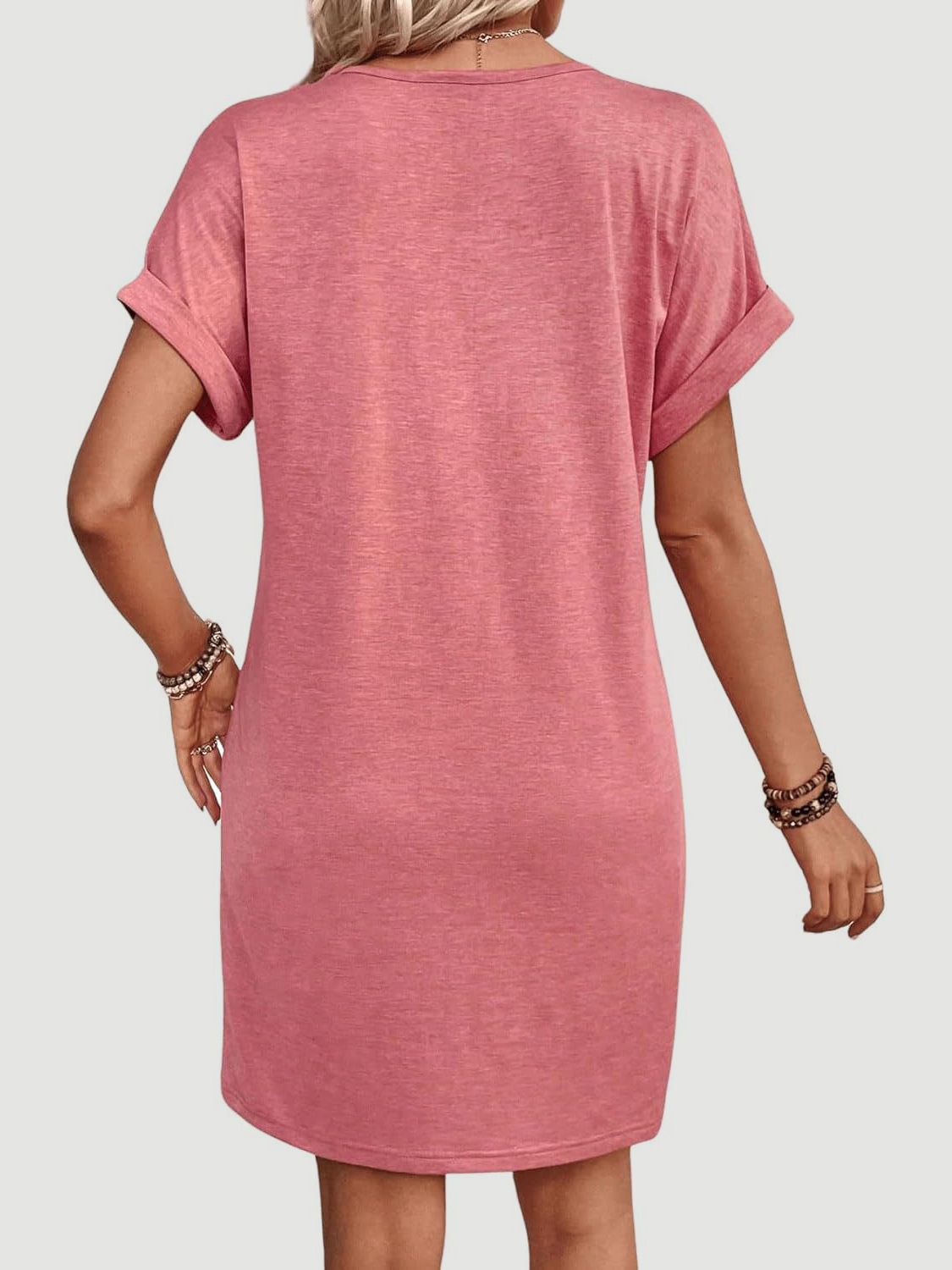 Quarter Button V-Neck Short Sleeve Dress | Casual Mini Solid Polyester Dress