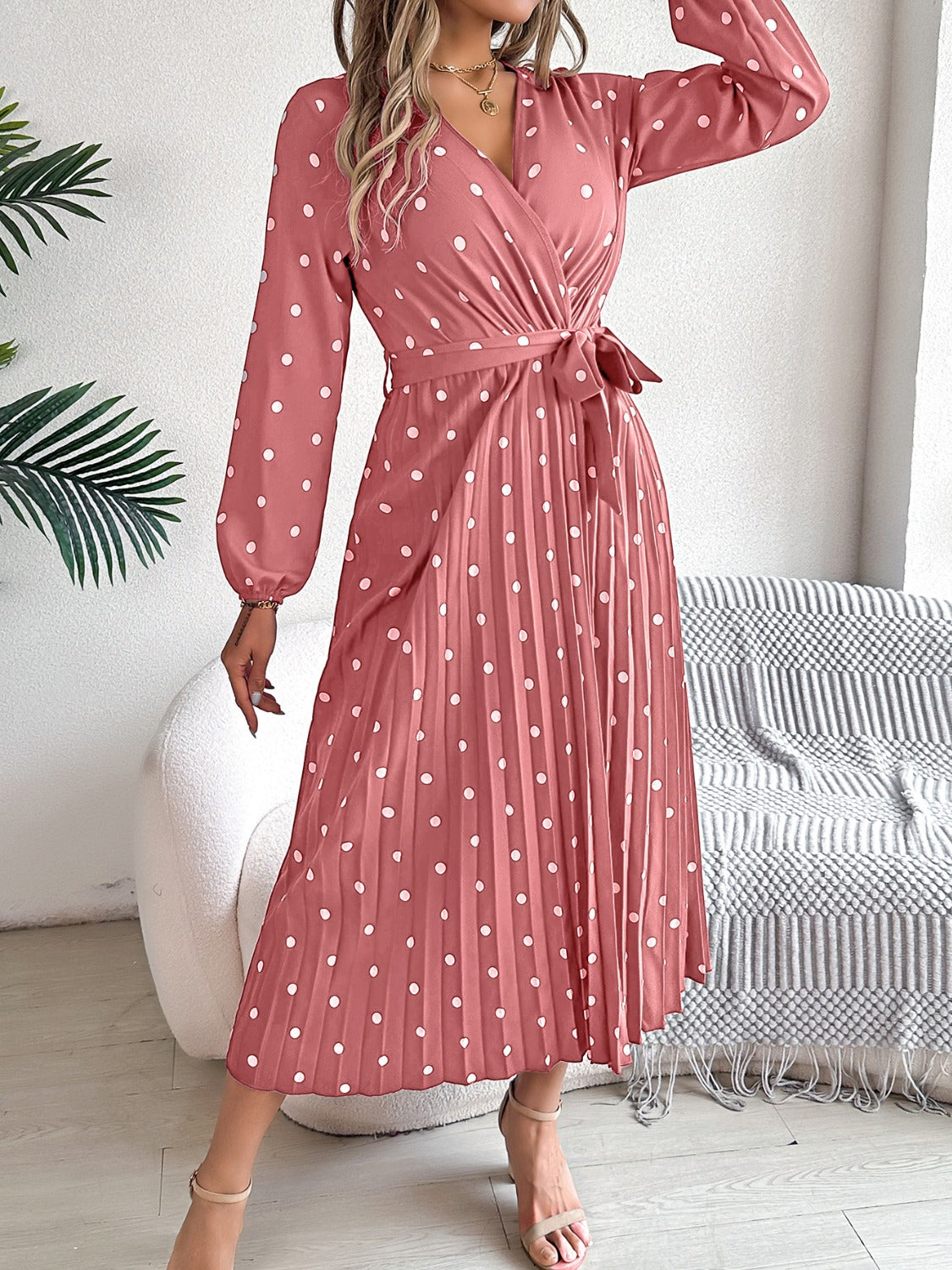 Tied Polka Dot Long Sleeve Midi Dress | Casual A-Line polyester Pleated Dress