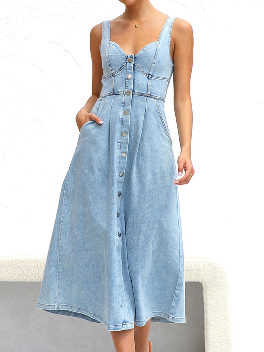 Sweetheart Neck Wide Strap Denim Dress | Casual Sleeveless A-Line Buttoned Dress