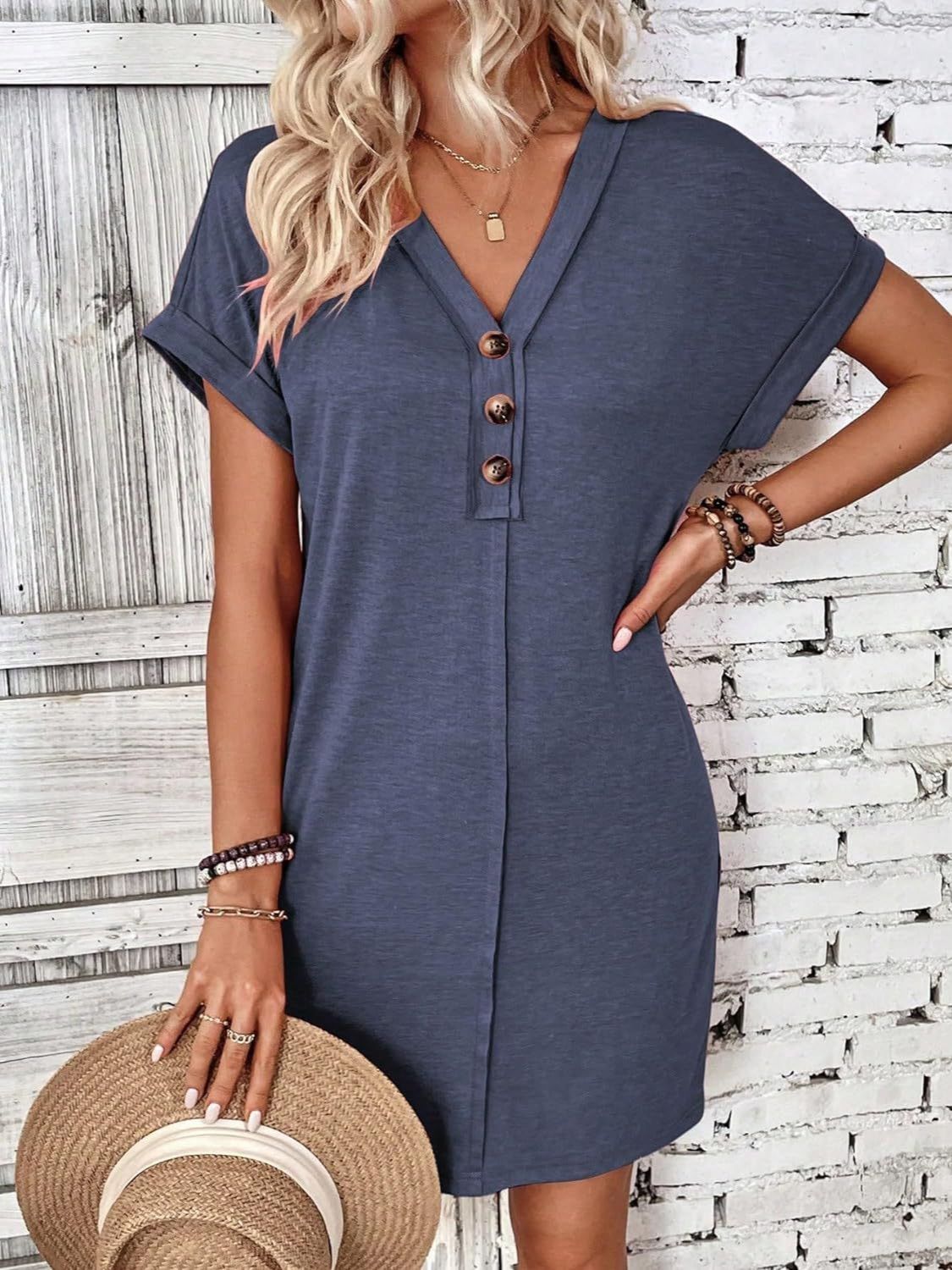 Quarter Button V-Neck Short Sleeve Dress | Casual Mini Solid Polyester Dress