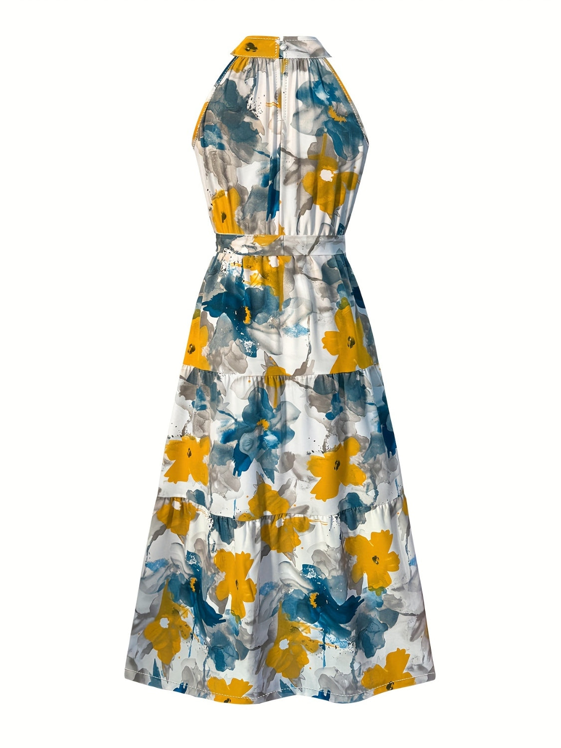 Tiered Printed Mock Neck Sleeveless Dress | A-line Floral Tied Polyester Dress