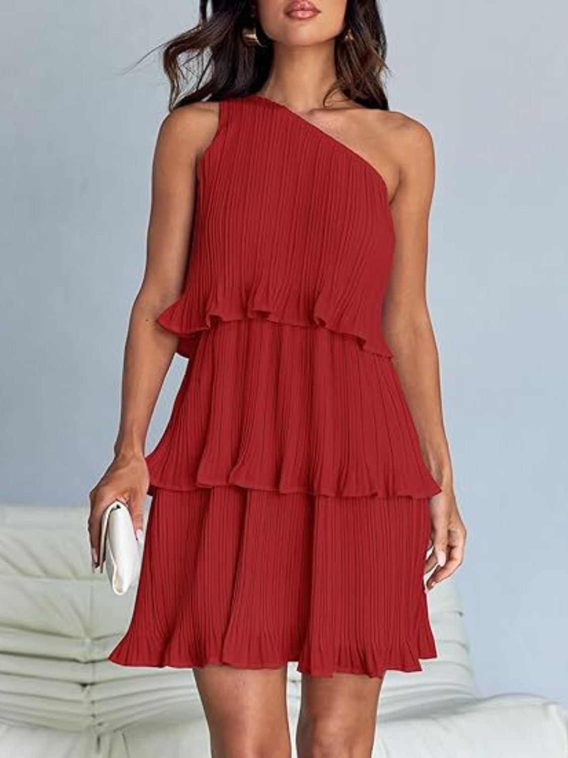 Layered Single Shoulder Mini Dress | Mini Sleeveless Dress W/ Asymmetrical neck