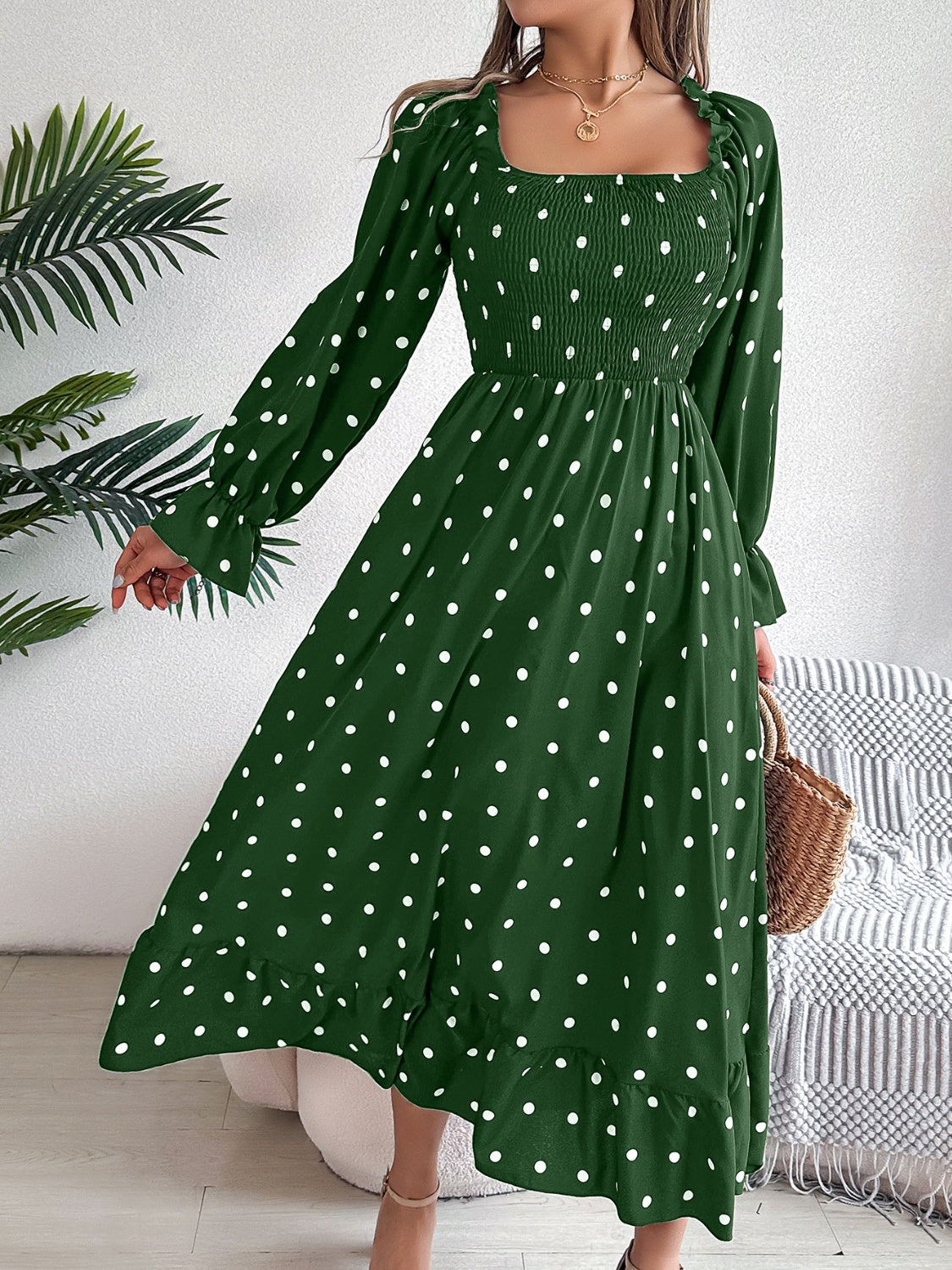 Polka Dot Flounce Sleeve Midi Dress | A-Line Polyester Ruffled Smocked Dress