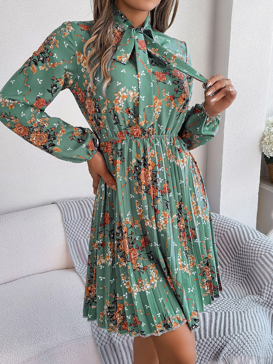 Pleated Printed Tie Neck Long Sleeve Dress | Casual Mini A-Line Floral Dress