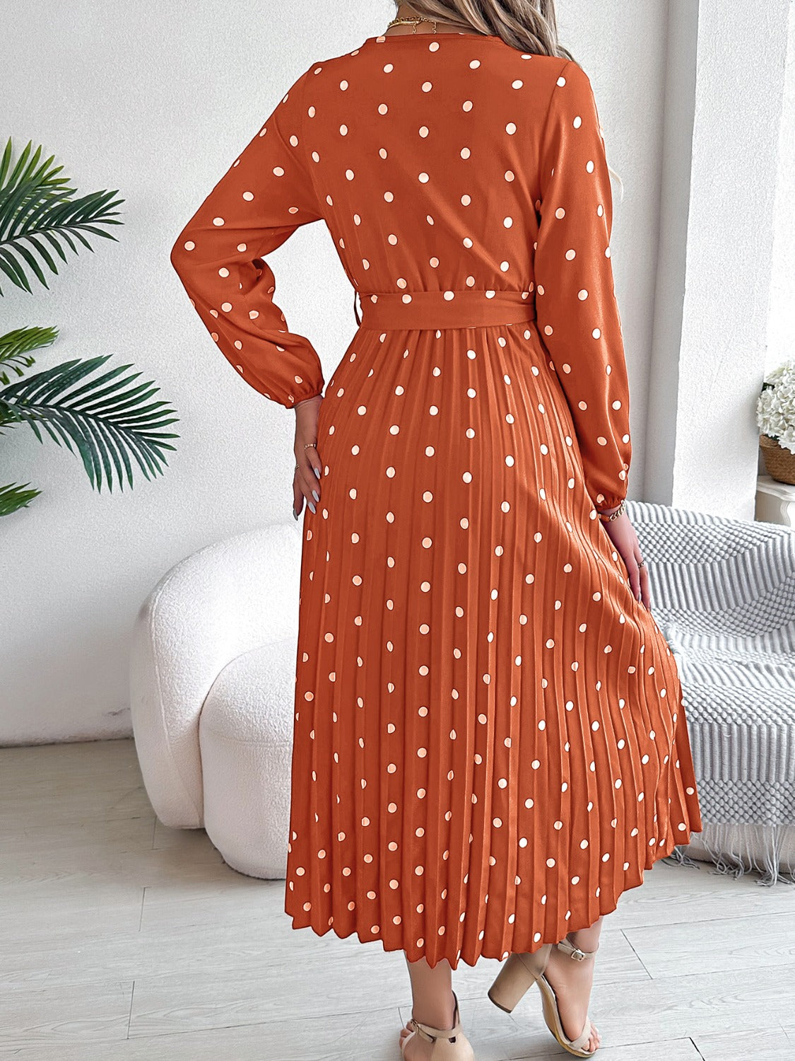 Tied Polka Dot Long Sleeve Midi Dress | Casual A-Line polyester Pleated Dress