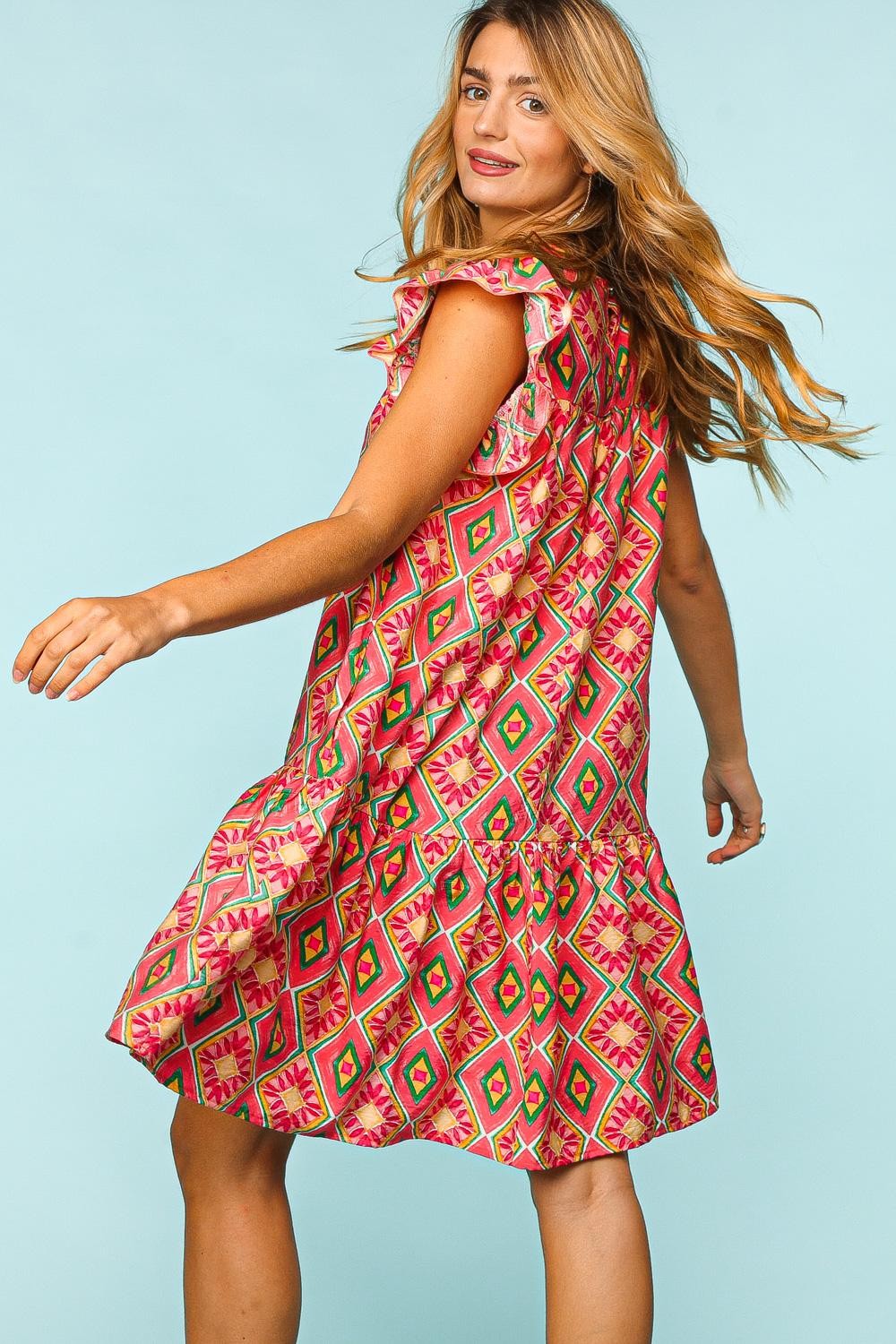 Haptics Full Size Ruffled Printed Dress with Side Pockets | Casual Relaxed Dress