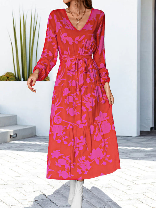 Floral V-Neck Long Sleeve Dress | A-Line Printed Belted Flounce Sleeve Dress