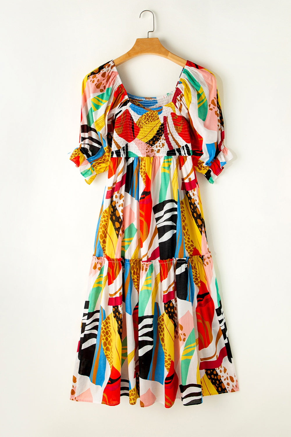 Printed Square Neck Short Sleeve Midi Dress | Casual A-Line Cotton Dress
