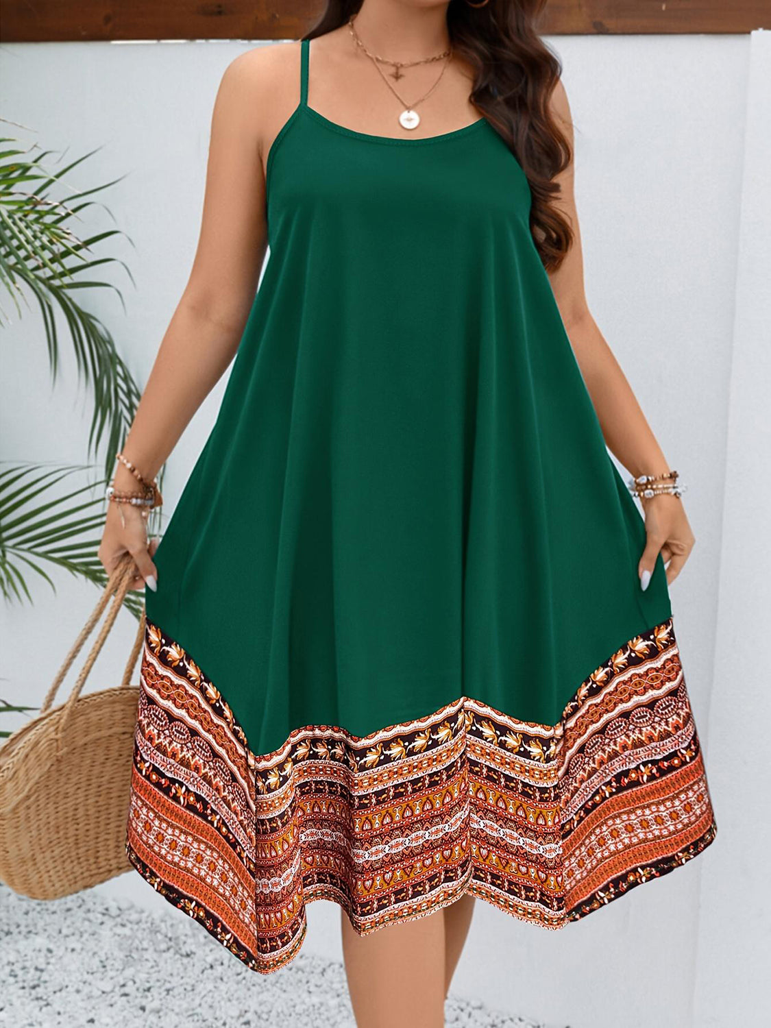 Plus Size Printed Round Neck Cami Dress | Casual Sleeveless Polyester Dress