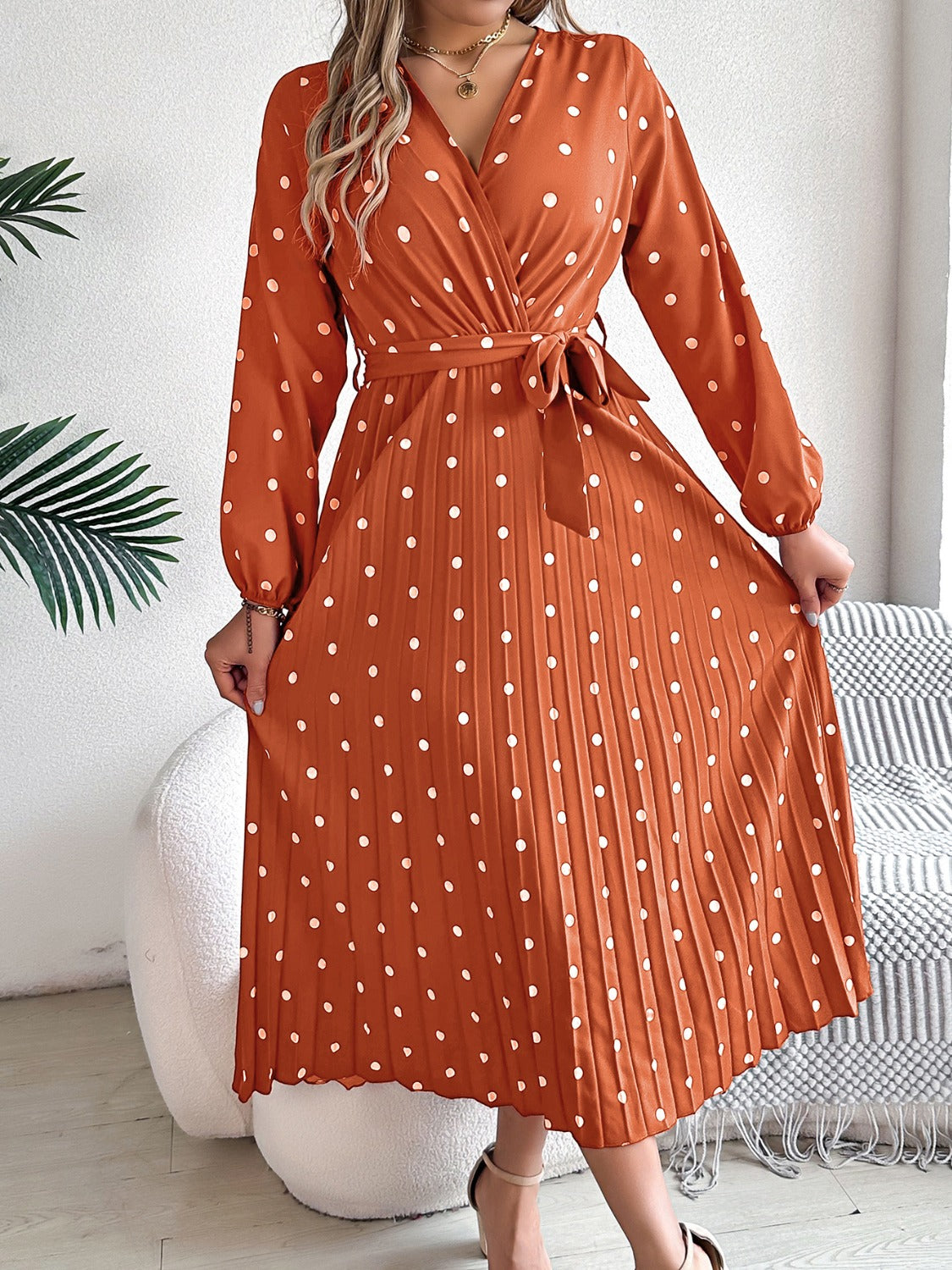 Tied Polka Dot Long Sleeve Midi Dress | Casual A-Line polyester Pleated Dress