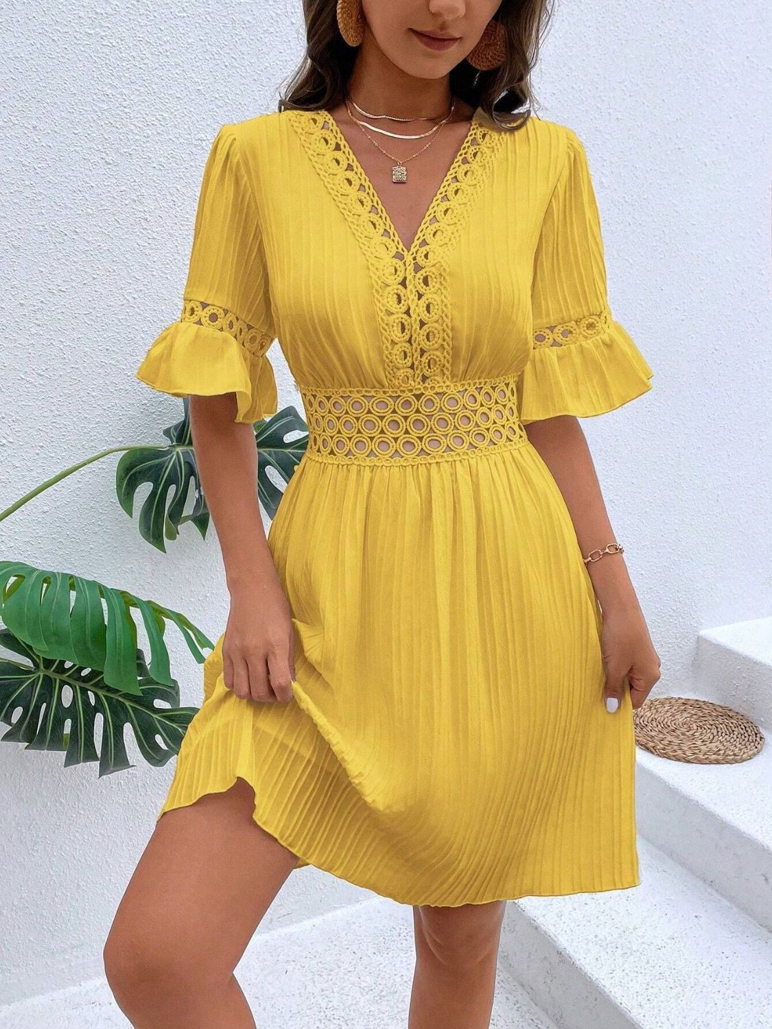 Cutout V-Neck Flounce Sleeve Mini Dress | Casual A-Line Ruffled Polyester Dress