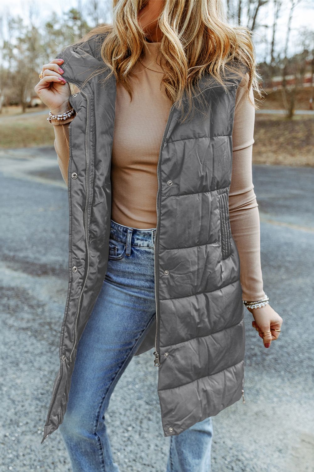 Longline Hooded Sleeveless Puffer Vest | Woman's Polyamide Vest With Pockets