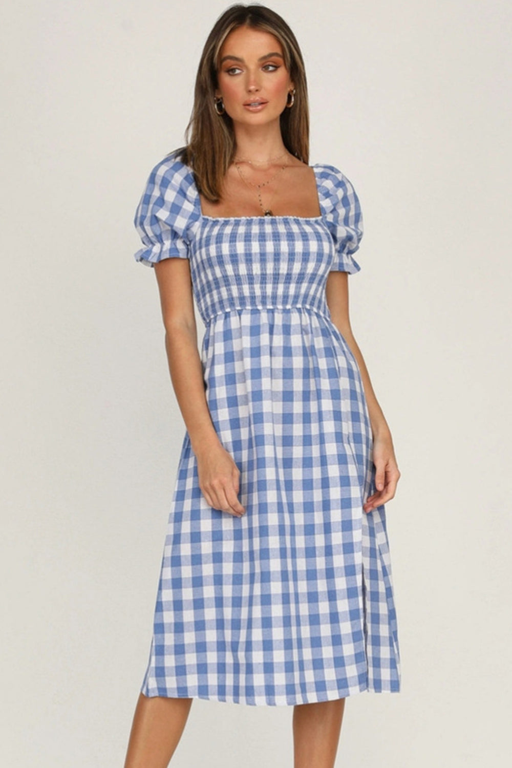 Full Size Slit Plaid Short Sleeve Midi Dress | A-Line Midi Smocked Dress