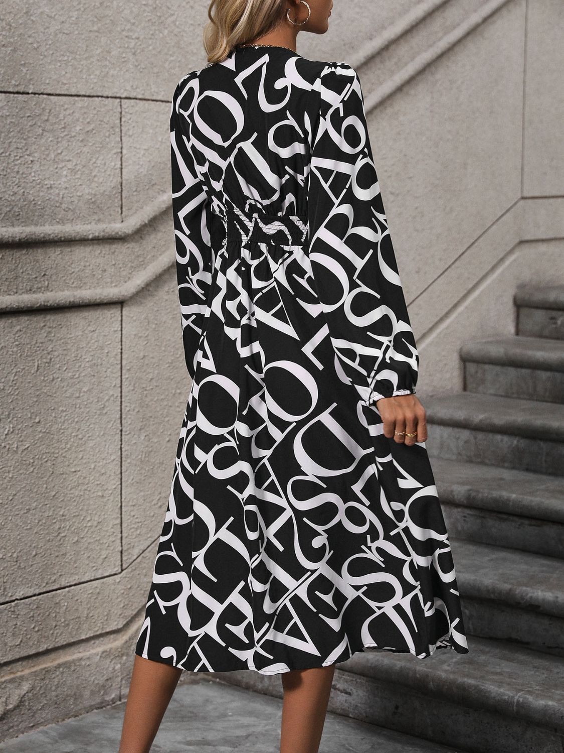 Printed V-Neck Long Sleeve Midi Dress | CAsual A-Line Buttoned Polyester Dress