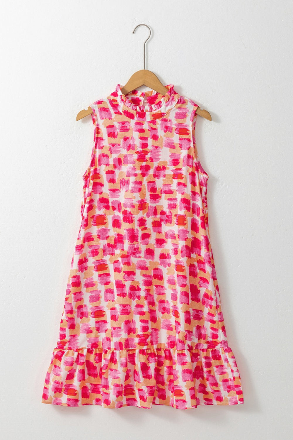 Printed Mock Neck Sleeveless Dress | Casual Mini Polyester A-Line Dress W/ Frill