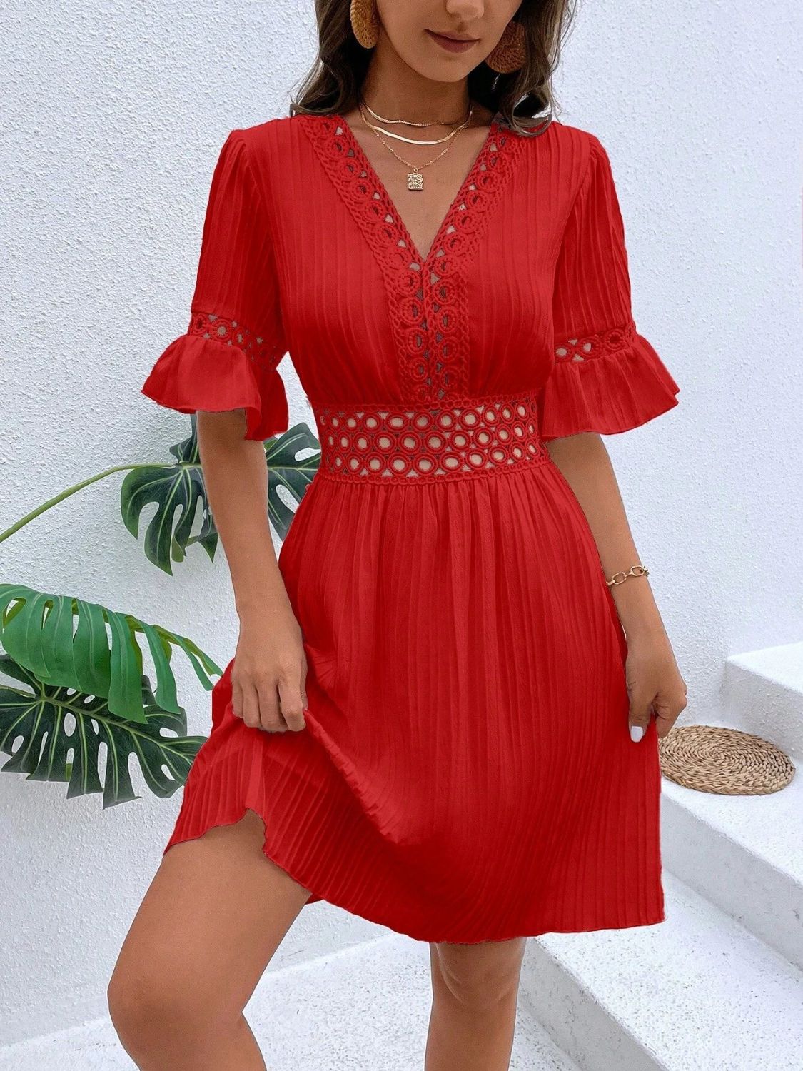 Cutout V-Neck Flounce Sleeve Mini Dress | Casual A-Line Ruffled Polyester Dress