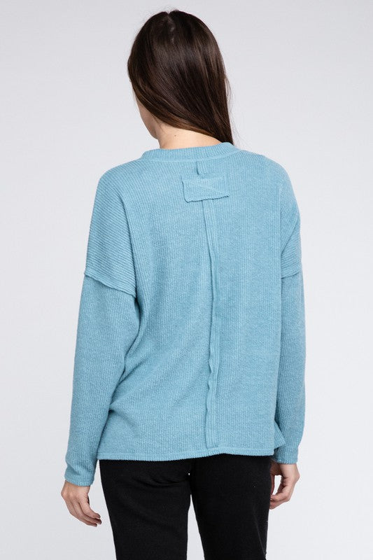 Ribbed Brushed Melange Hacci Sweater with a Pocket | Oversized Casual Sweater