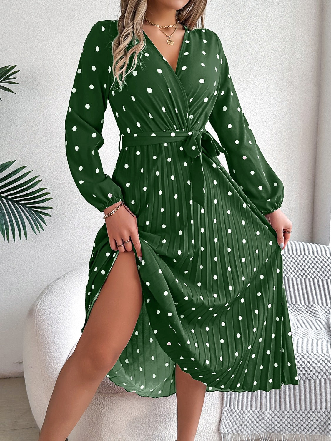 Tied Polka Dot Long Sleeve Midi Dress | Casual A-Line polyester Pleated Dress