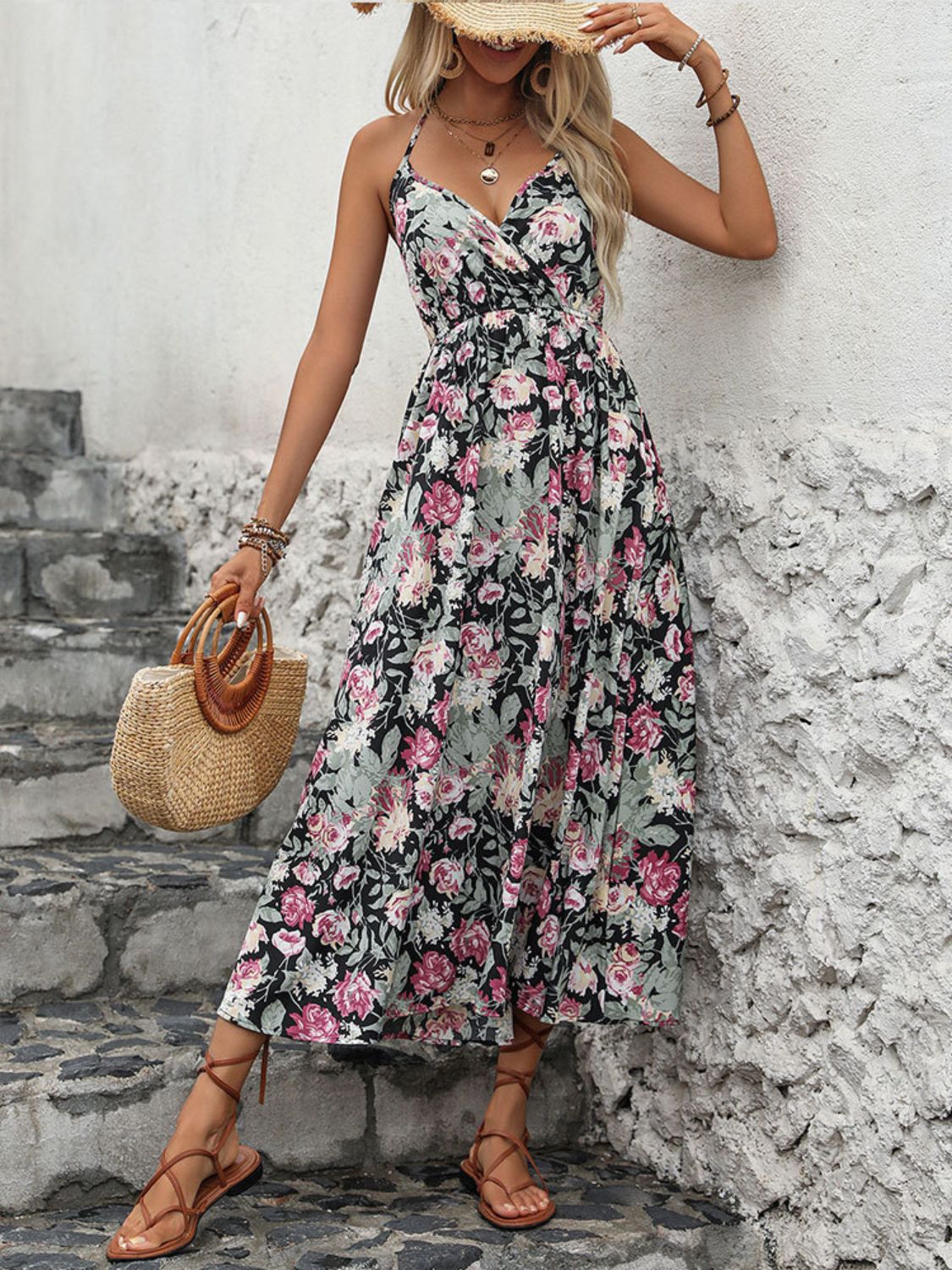 Smocked Printed Halter Neck Midi Dress | Casual Sleeveless A-Line Floral Dress