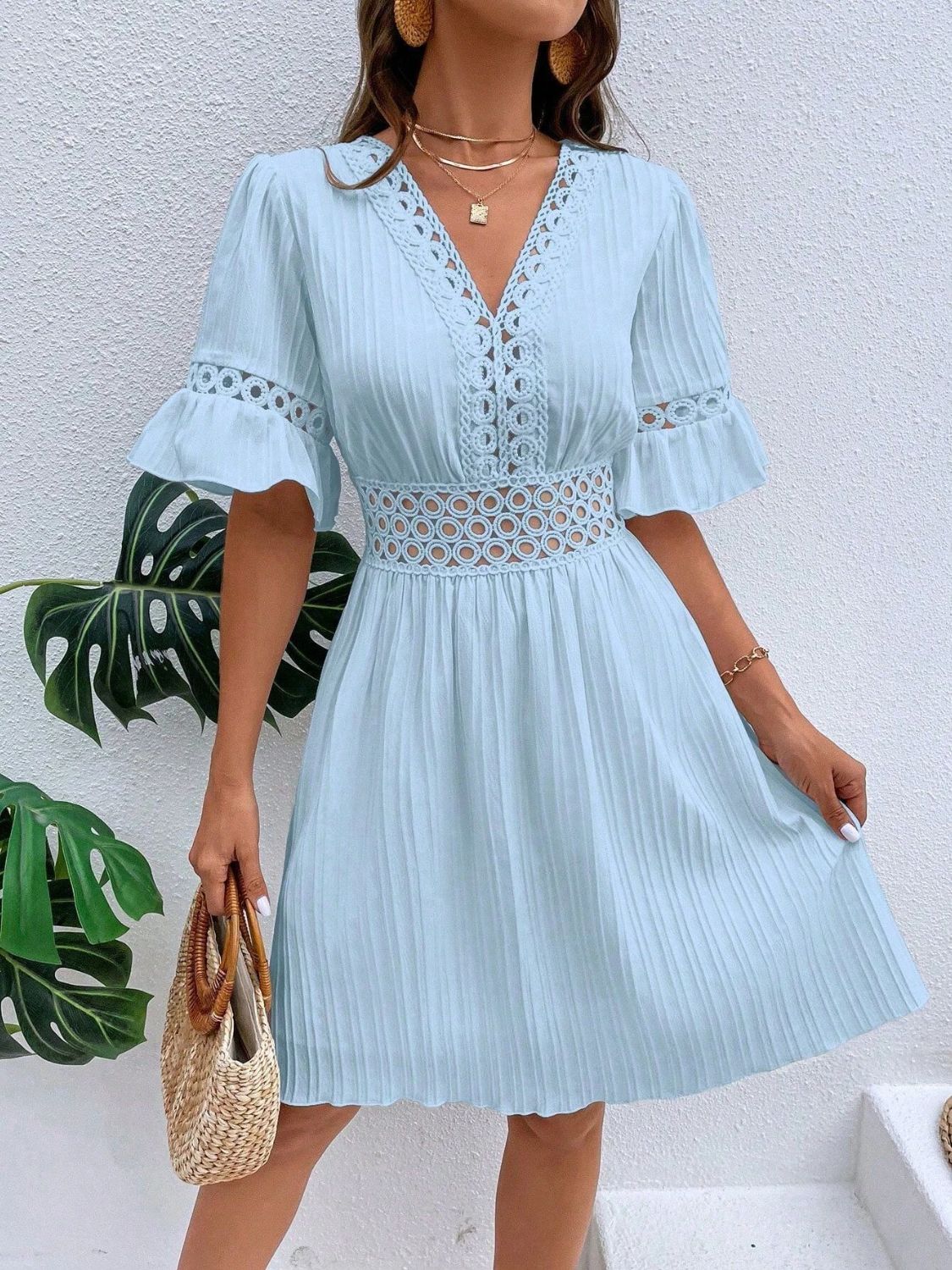Cutout V-Neck Flounce Sleeve Mini Dress | Casual A-Line Ruffled Polyester Dress