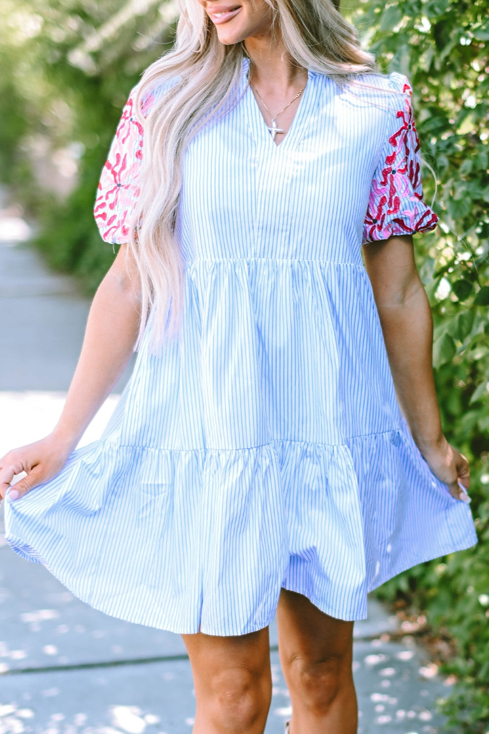 Embroidered Striped Notched Short Sleeve Dress | Casual A-Line Floral Lace Dress