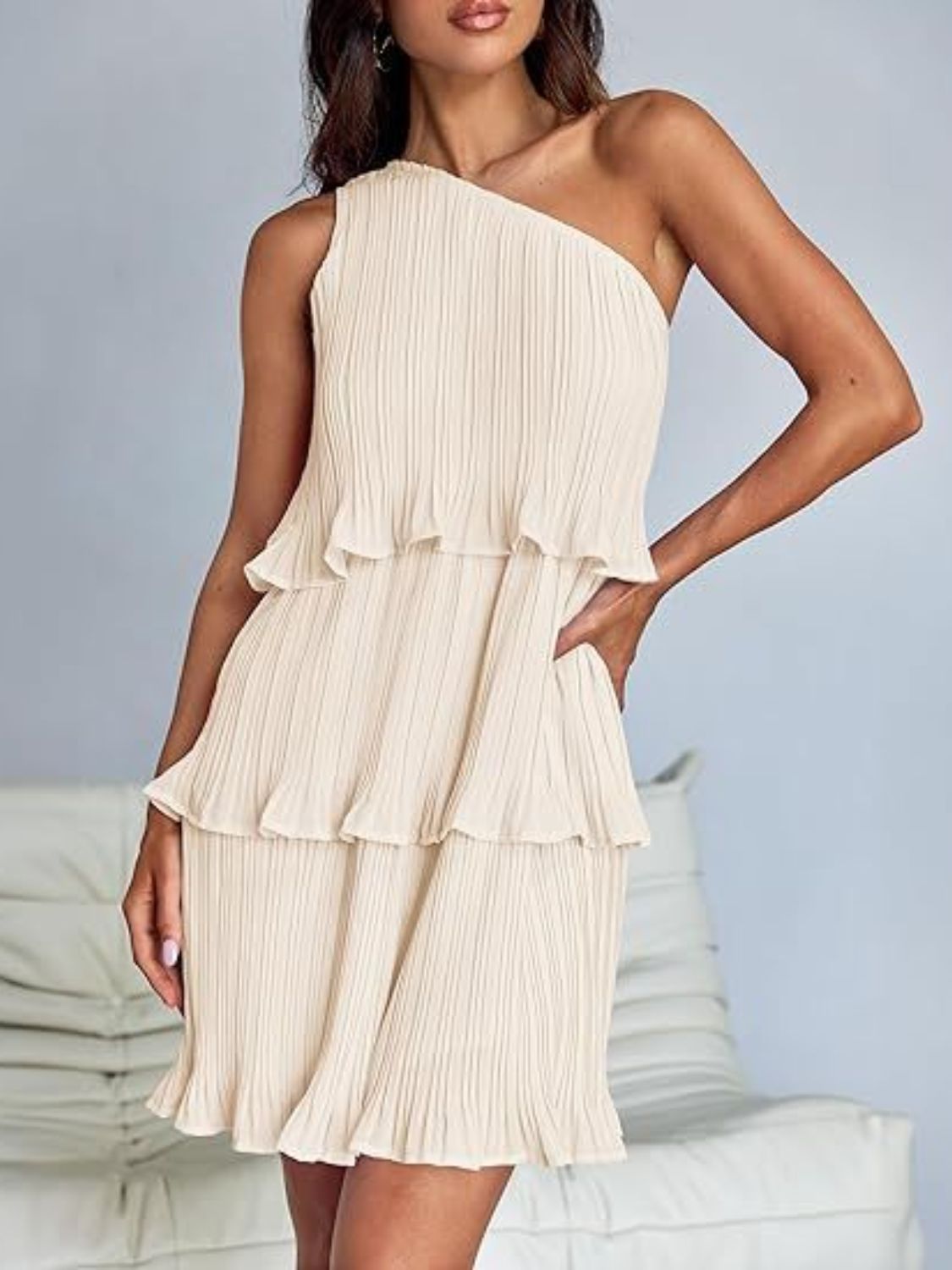 Layered Single Shoulder Mini Dress | Mini Sleeveless Dress W/ Asymmetrical neck