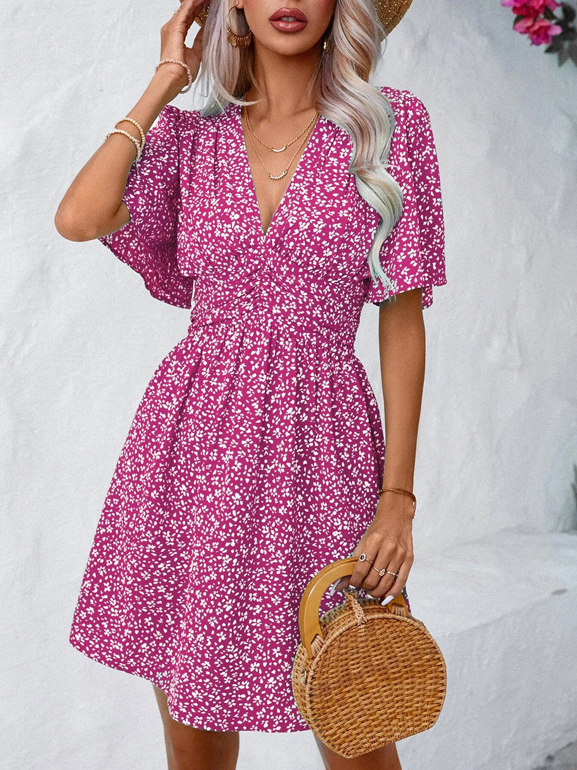 Printed V-Neck Half Sleeve Mini Dress | A-Line Floral Polyester Dress W/ V-Neck