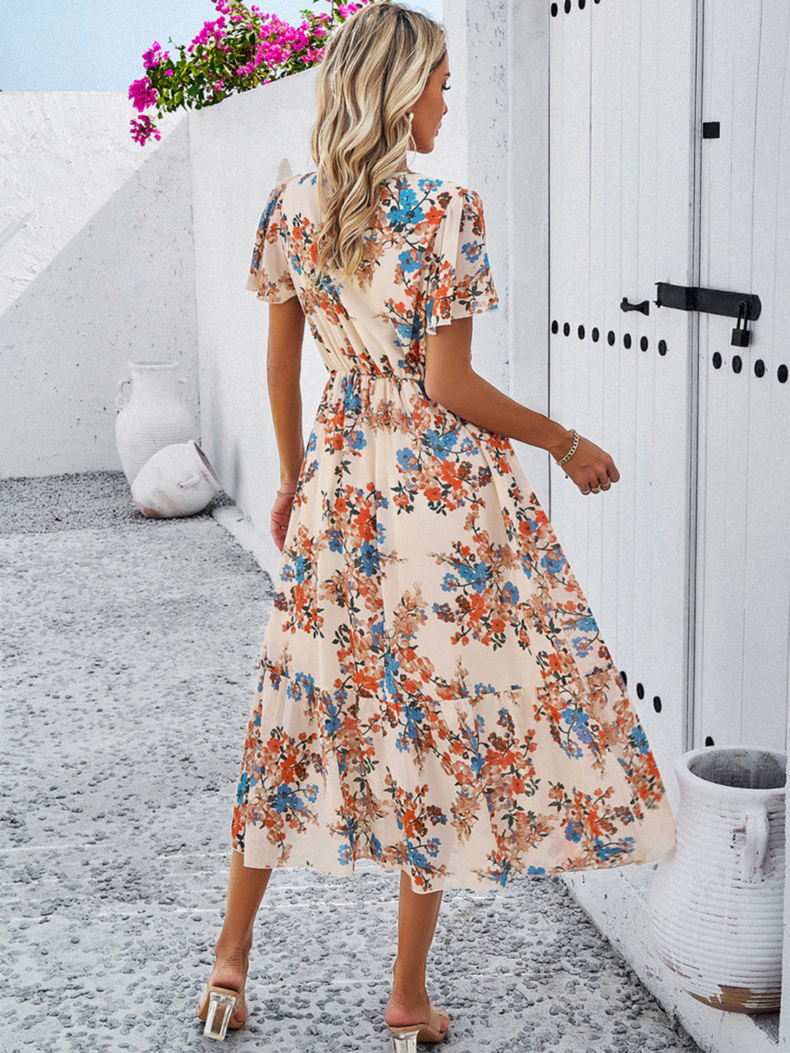 Printed V-Neck Flutter Sleeve Midi Dress | A-Line Floral Lined Ruched Dress