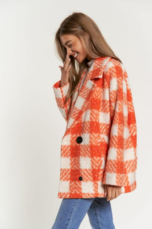 Fuzzy Boucle Textured Double Breasted Coat Jacket | Plaid Pocketed Jacket