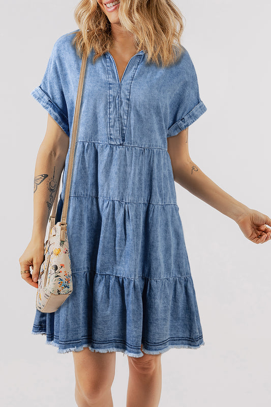 Raw Hem Collared Neck Short Sleeve Denim Dress | Casual A-Line Cotton Dress