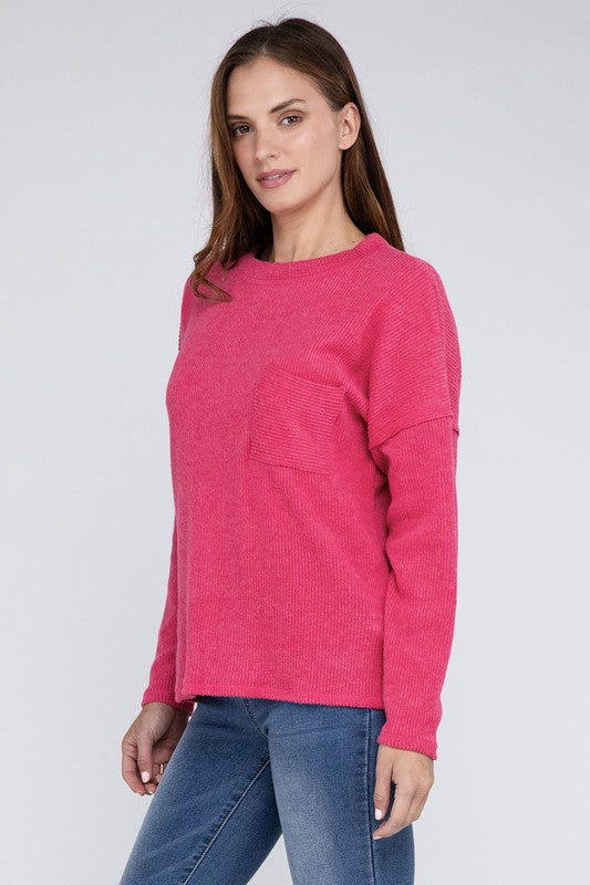 Ribbed Brushed Melange Hacci Sweater with a Pocket | Oversized Casual Sweater