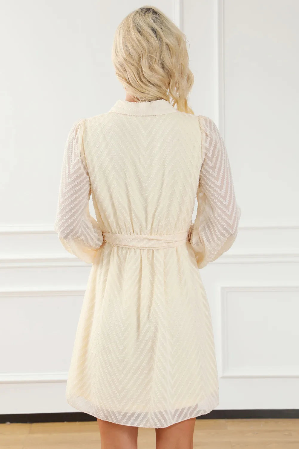 Surplice Long Sleeve Mini Dress | A-Line Tied Polyester Dress W/ Sheer Sleeves