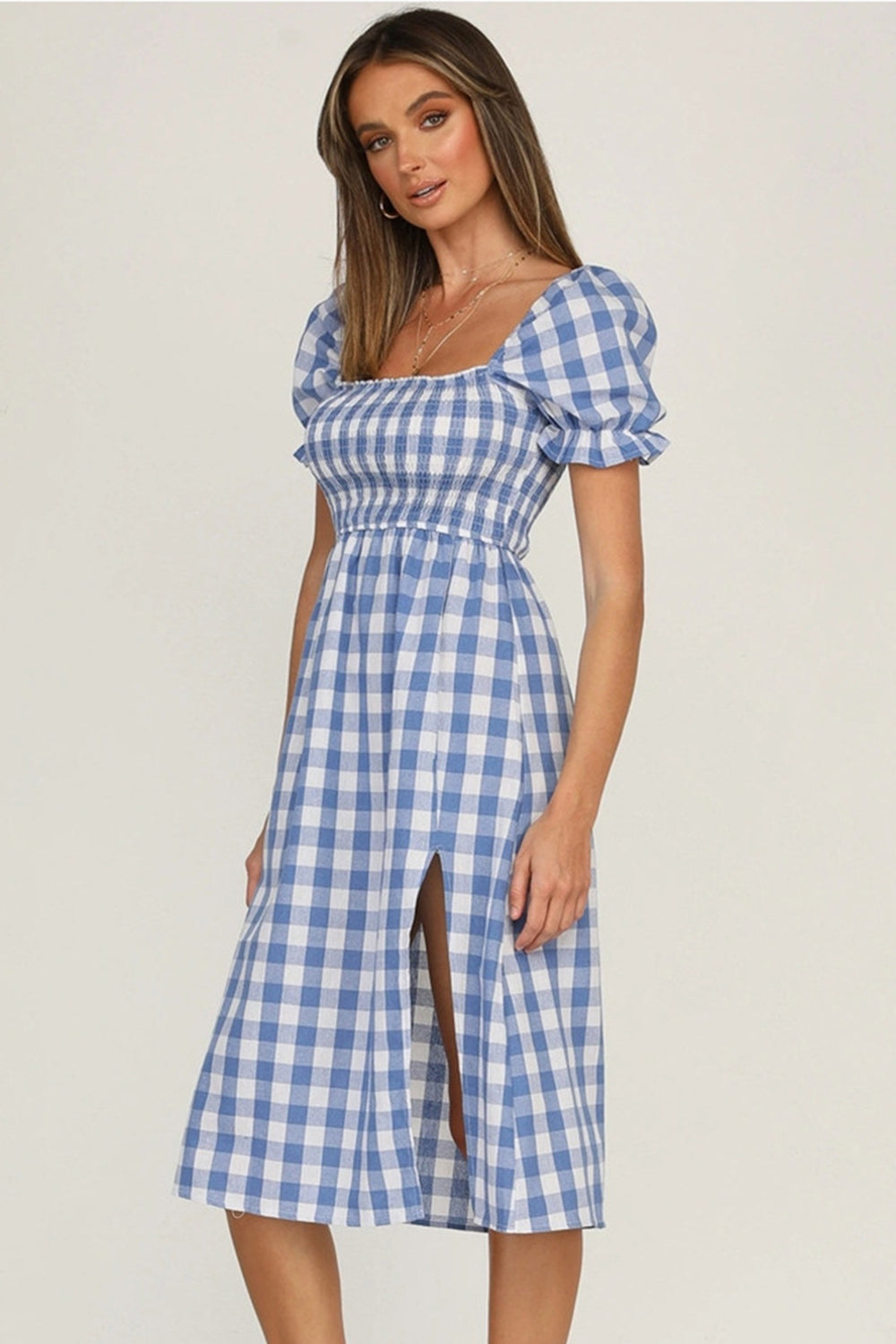 Full Size Slit Plaid Short Sleeve Midi Dress | A-Line Midi Smocked Dress