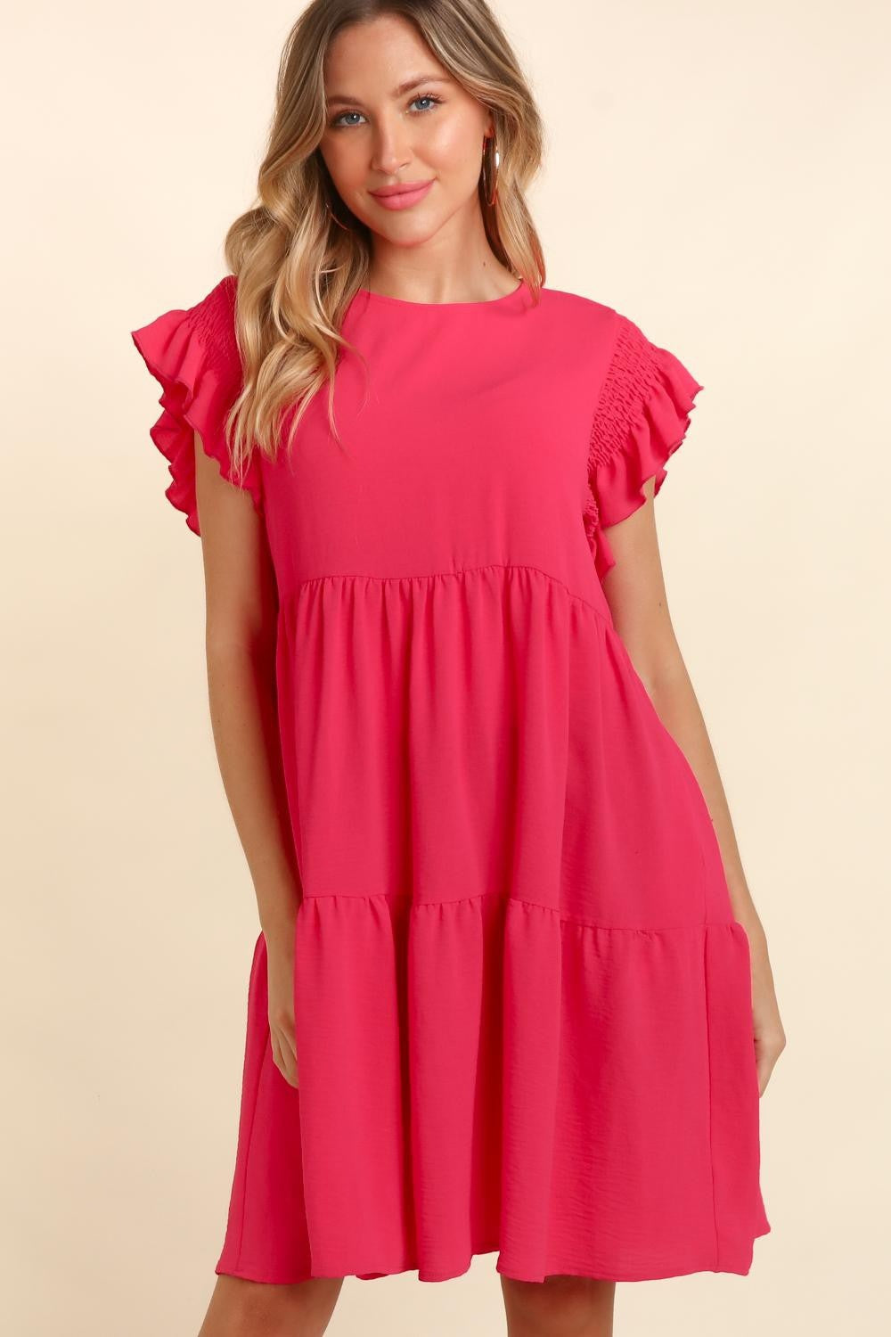 Haptics Full Size Smocking Ruffle Short Sleeve Dress with Pockets | Solid Dress