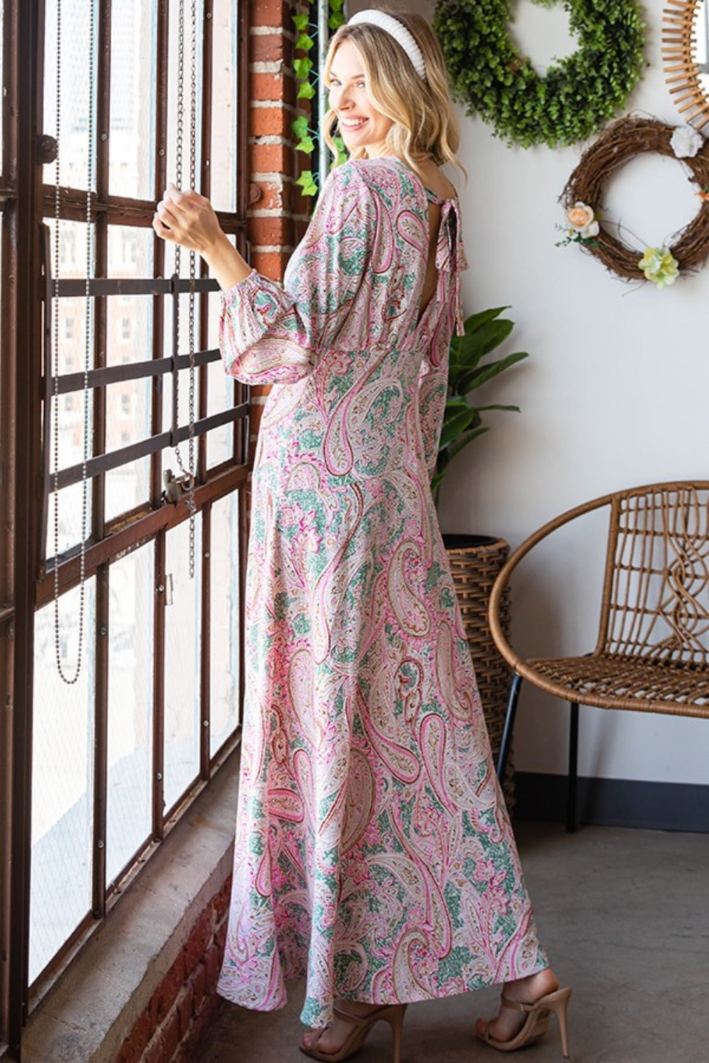 First Love Paisley Print Tie-Back Long Sleeve Maxi Dress | Casual Floral Dress