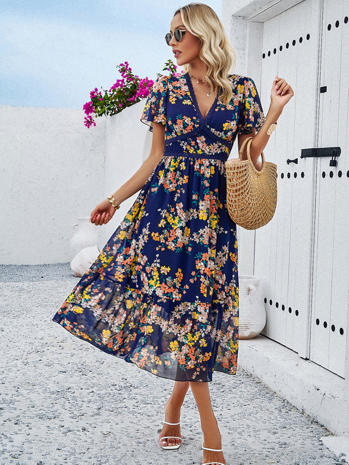 Printed V-Neck Flutter Sleeve Midi Dress | A-Line Floral Lined Ruched Dress