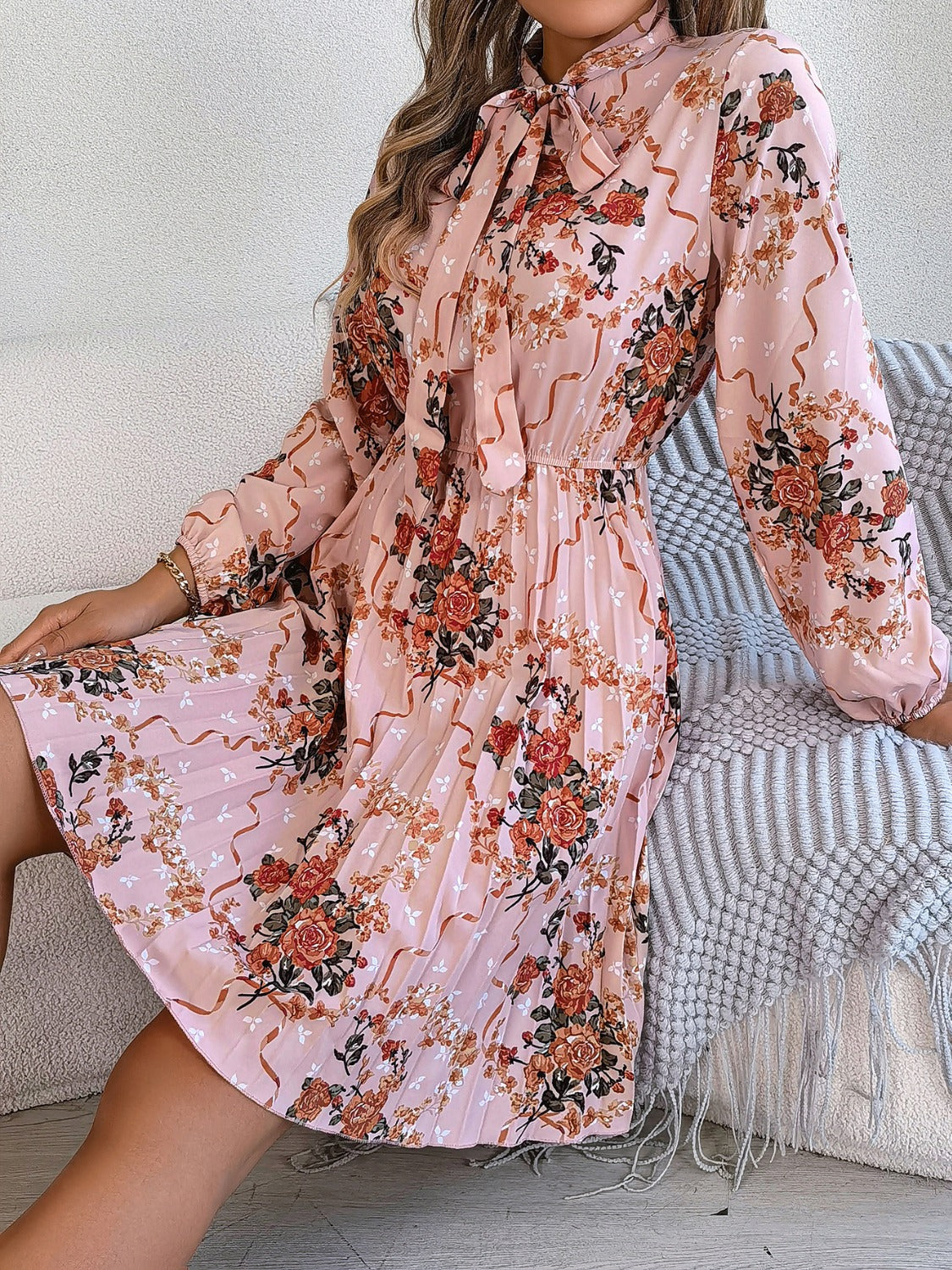 Pleated Printed Tie Neck Long Sleeve Dress | Casual Mini A-Line Floral Dress