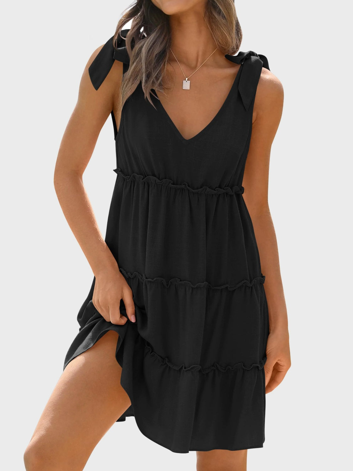 Frill V-Neck Tie Shoulder Mini Dress | A-Line Sleeveless Solid Polyester Dress